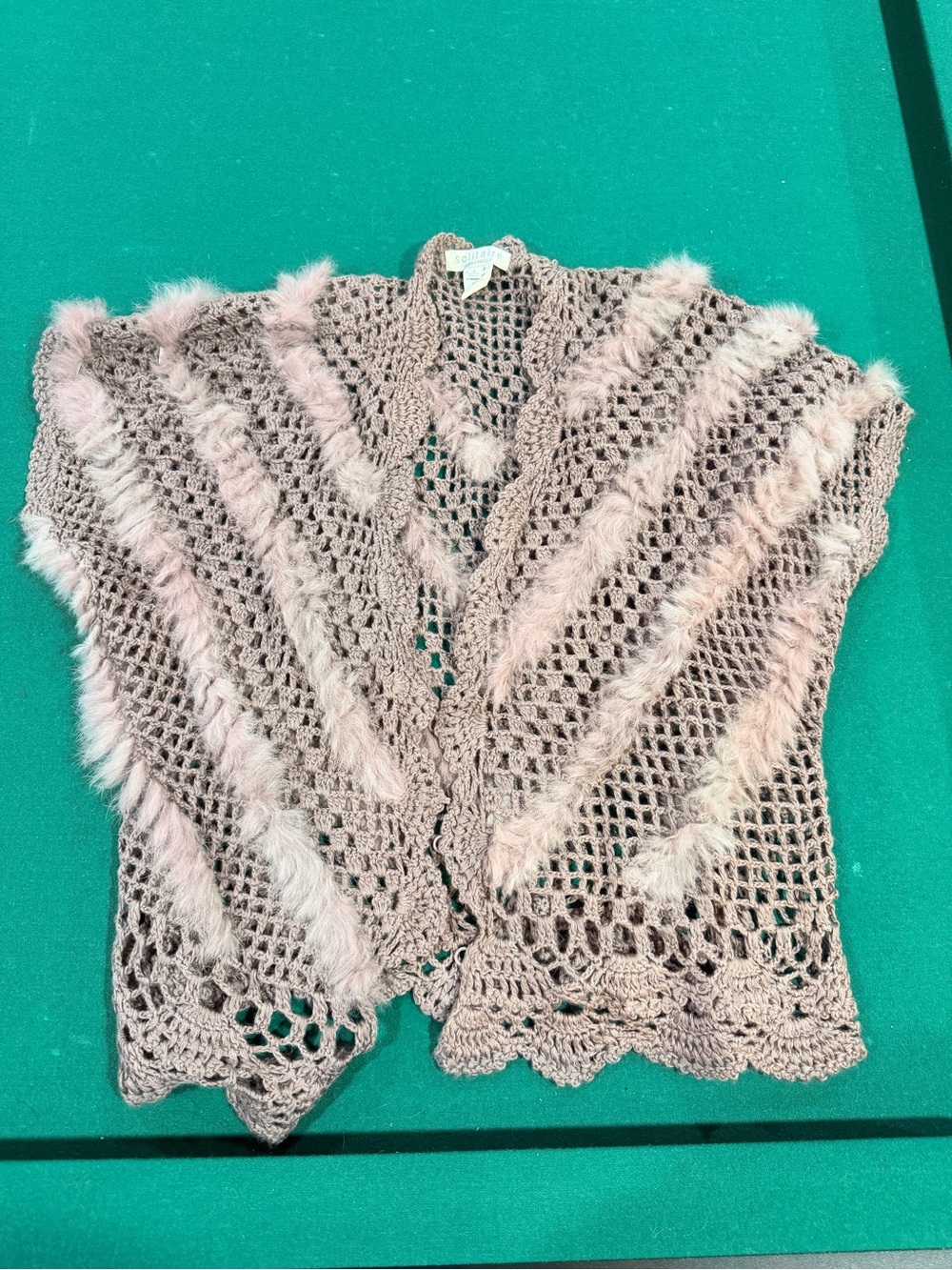 Crochet Open-Weave Women's Cardigan Vest in Lilac Mauve with Rabbit Fur